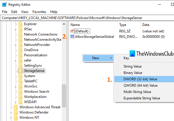 create AllowStorageSenseGlobal DWORD value