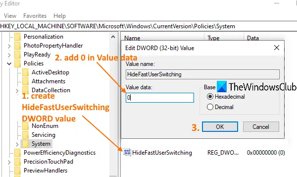 create HideFastUserSwitching DWORD value