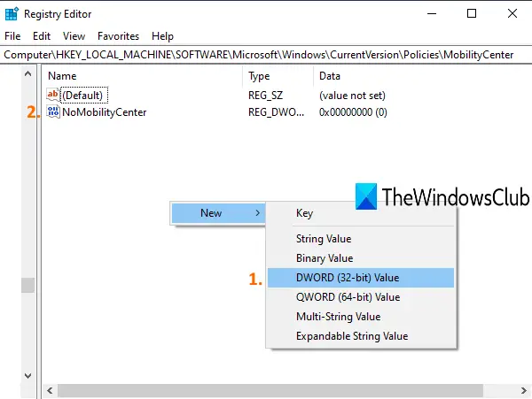 create NoMobilityCenter DWORD value