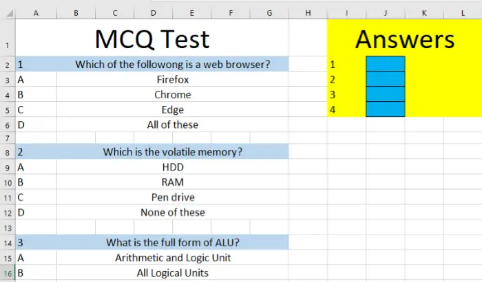 create automated quiz excel 1