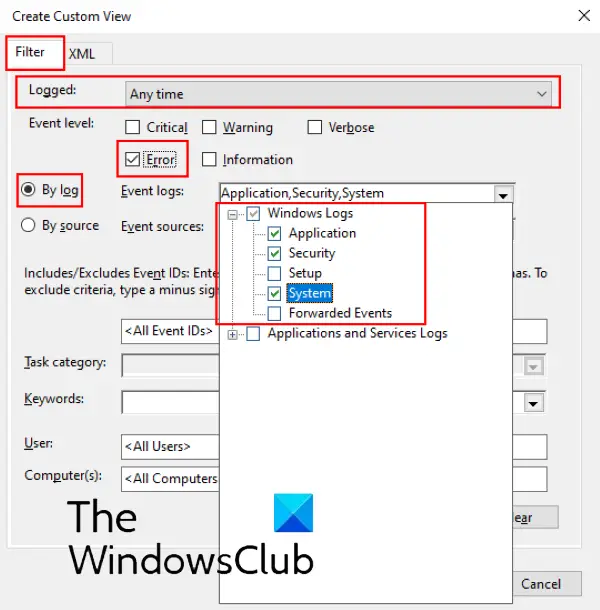 Find and view BSOD log files in Windows 10 Event Viewer