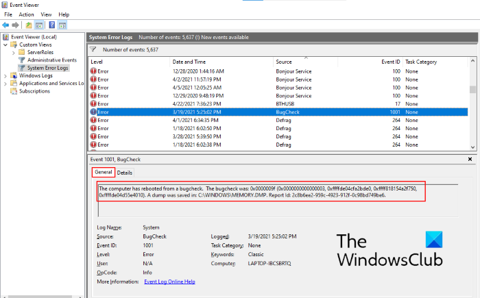 Windows 10 BSOD log file location