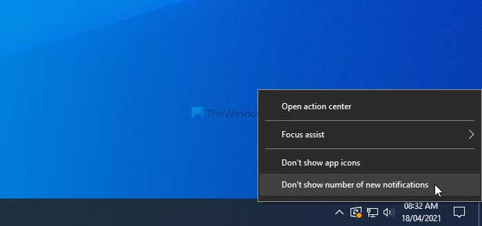 How to hide total number of new notifications in Action Center