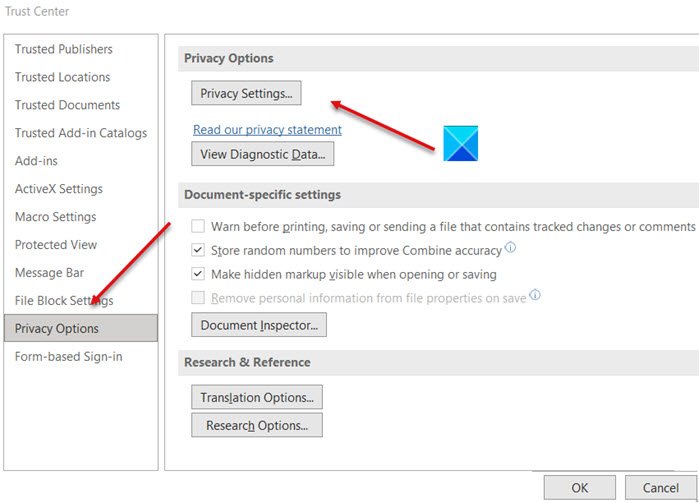 Microsoft Office Privacy Options