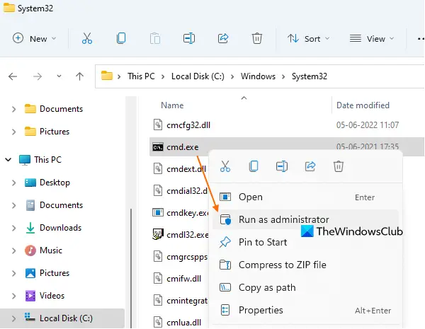 open elevated command prompt using system32