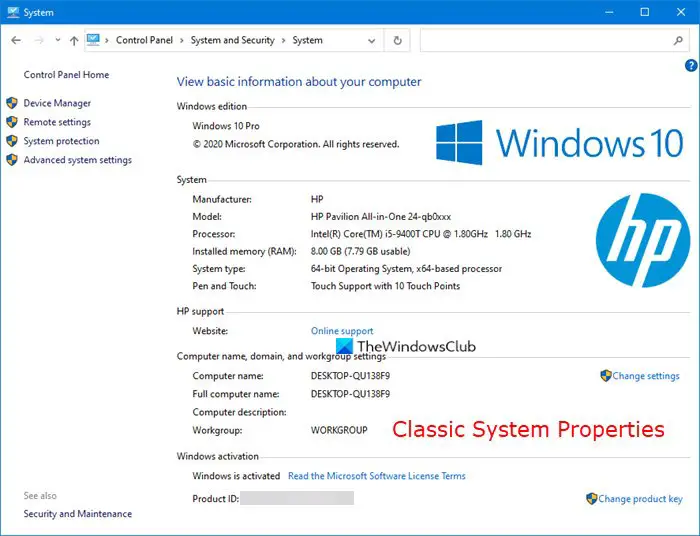 open System Properties in Windows 10