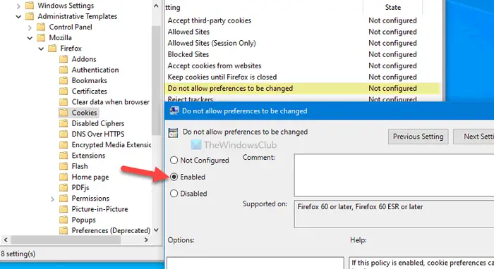 How to prevent users from changing Firefox cookies preferences