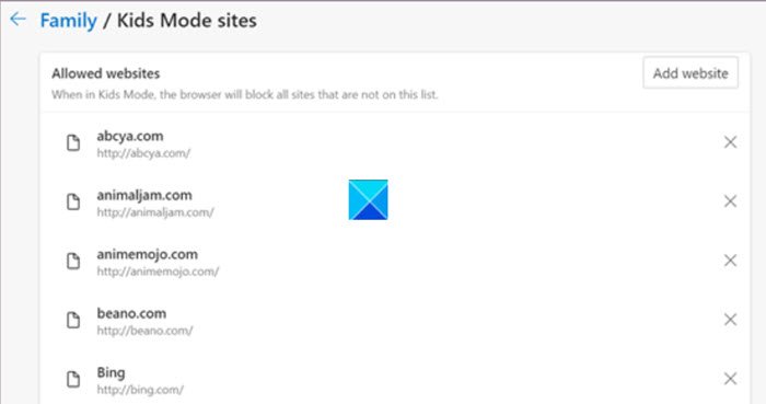 Remove Sites Kids Mode in Edge Browser