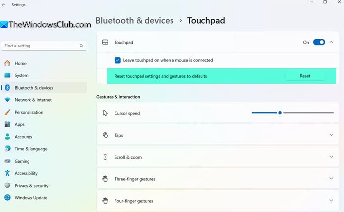 reset touchpad setting windows