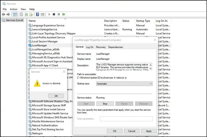 restart LxSSManager service Access Denied