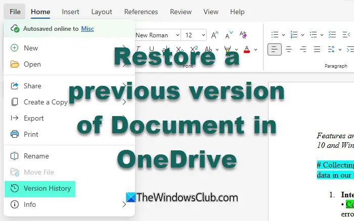 restore a previous version of Document in OneDrive