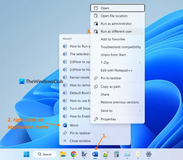 run as different user from taskbar