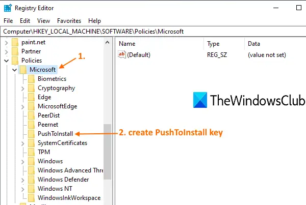 select Microsoft key create PushToInstall