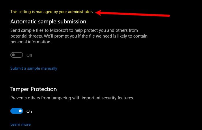 Windows Defender: This setting is managed by your administrator