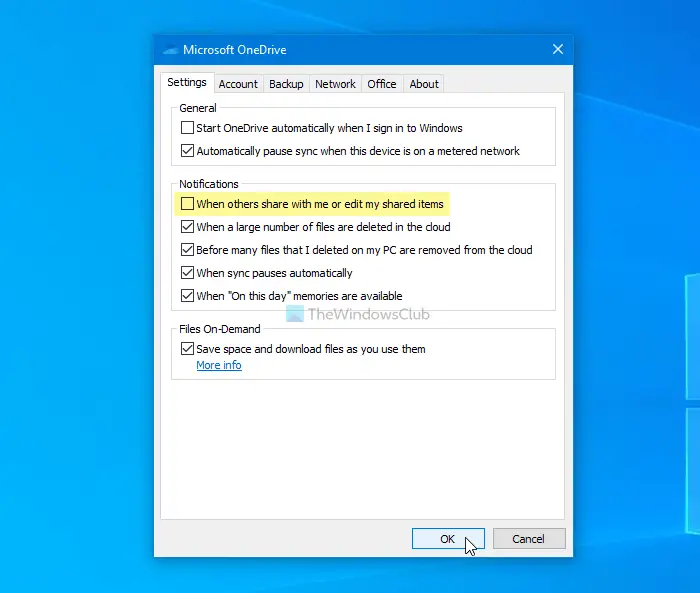 How to turn off OneDrive shared files notifications on Windows 10