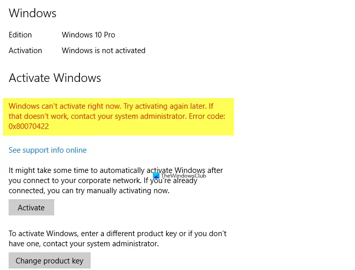 Fix Windows 10 Activation Error 0x80070422