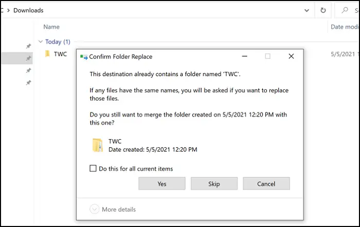 Duplicate Folder Warning Merge Windows