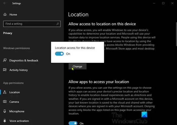 Enable location on Windows 10