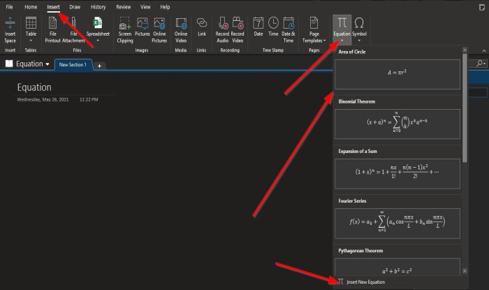 How to insert Equations and Symbols in OneNote