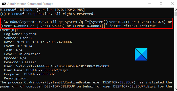 Find the cause of unexpected shut down using Command Prompt