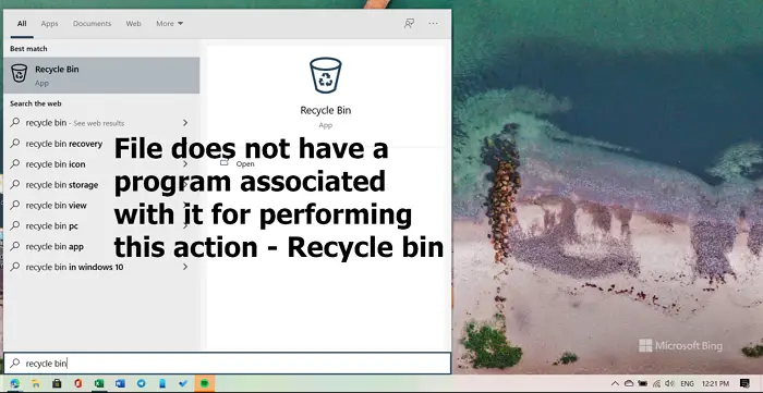 File does not have a program associated with it for performing this action - Recycle bin