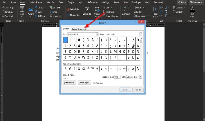 How to insert a Non-breaking Space in Word