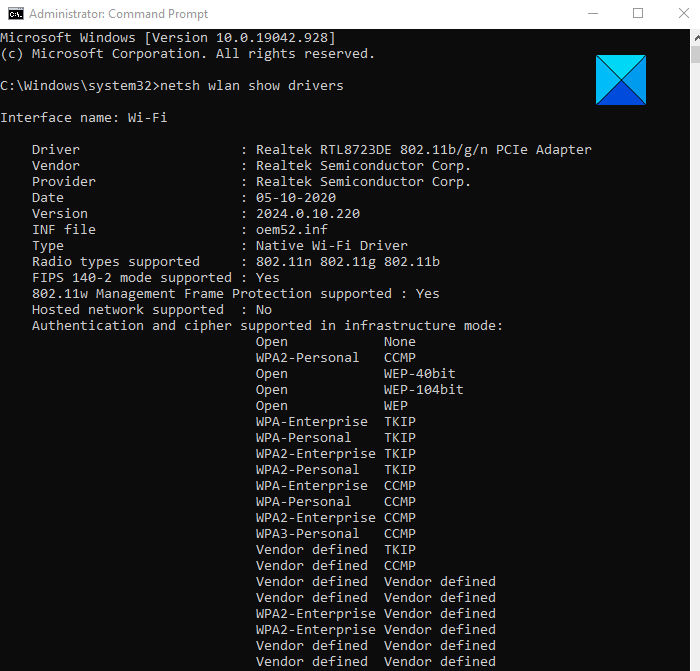 view Wi-Fi Network Driver information