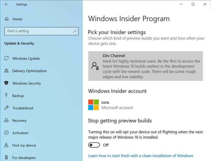Windows Insider Program Settings