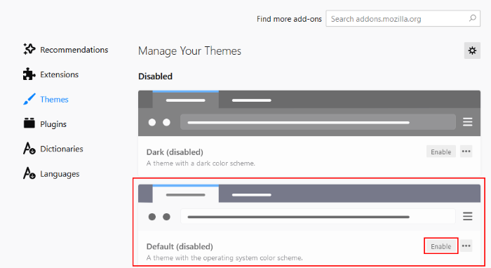 activate default theme in firefox