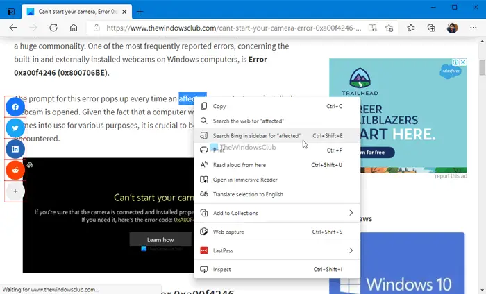 How to add or remove sidebar search panel in Microsoft Edge