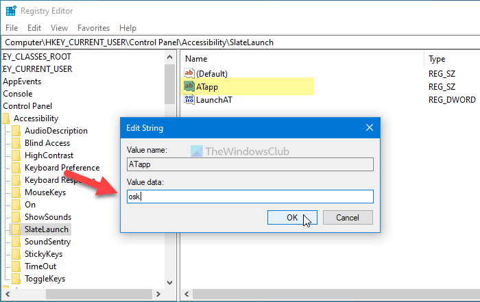 How to change Accessibility Tool to Launch using Registry editor