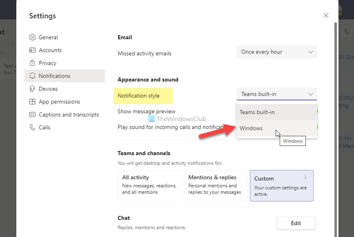 How to change Microsoft Teams notifications style in Windows 10
