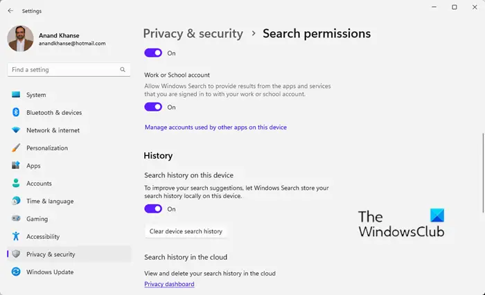 Disable Taskbar search box history in Windows 11