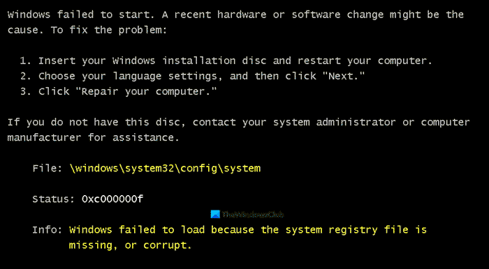 Windows failed to load because the system registry file is missing or corrupt