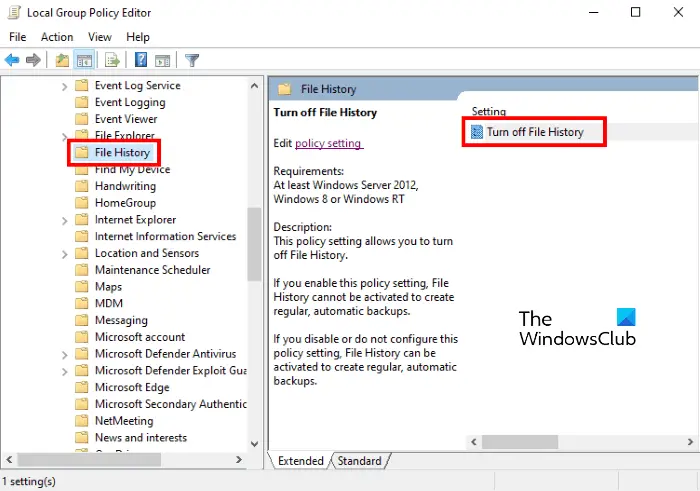 disable filehistory group policy editor