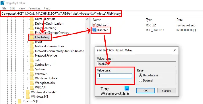 disable filehistory registry editor