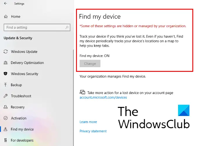 Find my Device option in Windows 10