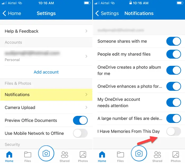 How to disable OneDrive On this day notifications on iOS