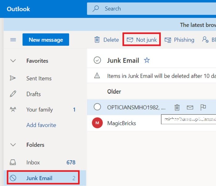 stop Email from going to Junk in Outlook 