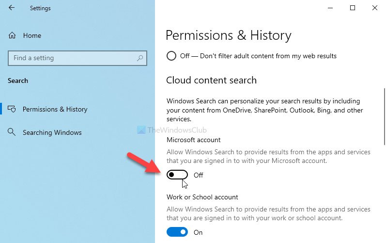 How to enable or disable Cloud content search in Taskbar search box