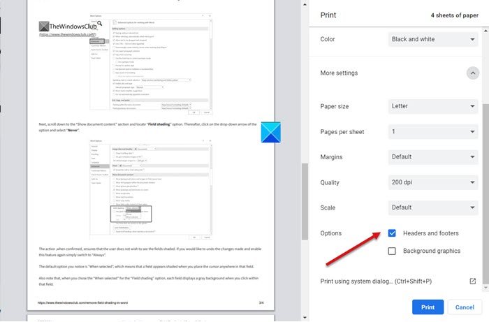 Headers Footers Option