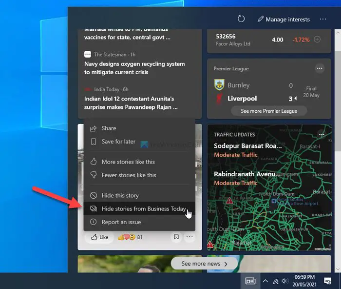 How to hide publishers in News and Interests in Windows 10
