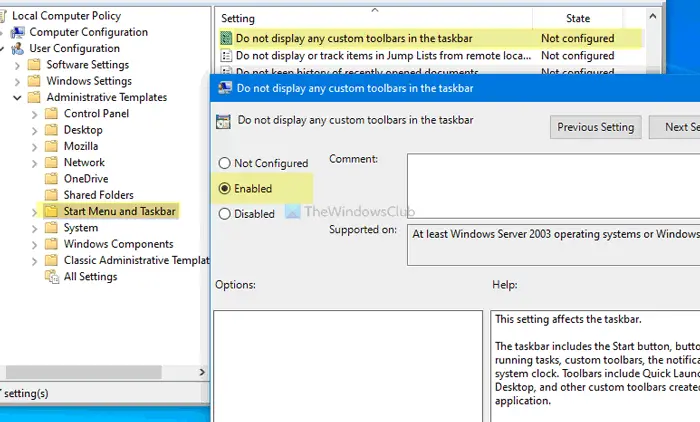 How to show or hide Toolbars option in Taskbar right-click menu