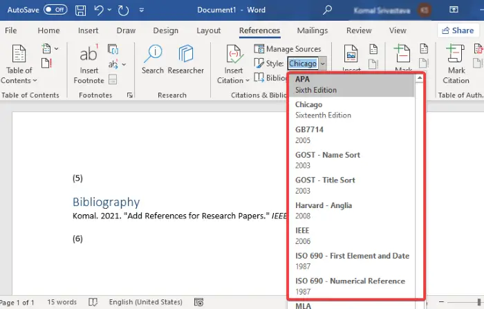 how to write references in research paper in word