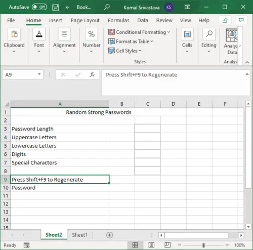 Generate Random Strong Password using Excel