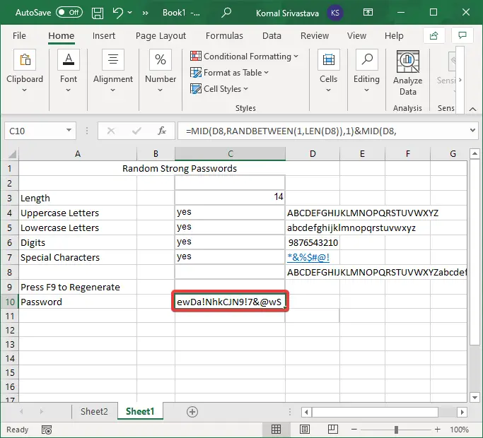 Generate Random Strong Password in Microsoft Excel