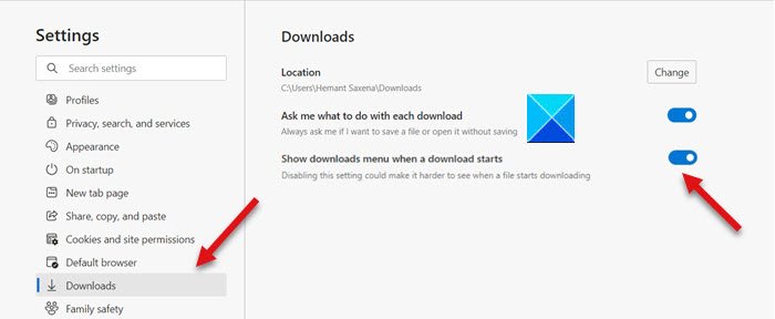 Show Downloads Menu when Download Starts