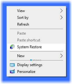 system restore context menu item