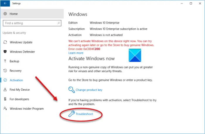 Windows activation error 0x004f200 (Non-genuine)