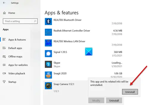 Uninstall Snap Camera